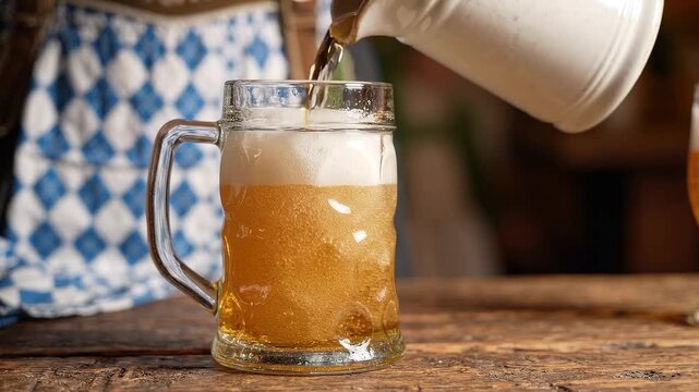 Pouring golden beer from pitcher into mug on wooden table in tavern