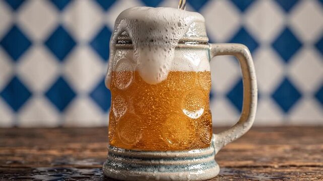 Pouring golden beer into stoneware mug until foam overflows on table