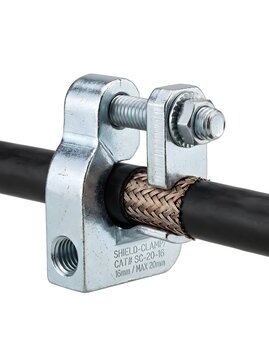 Metal shield clamp secured on industrial electrical cable