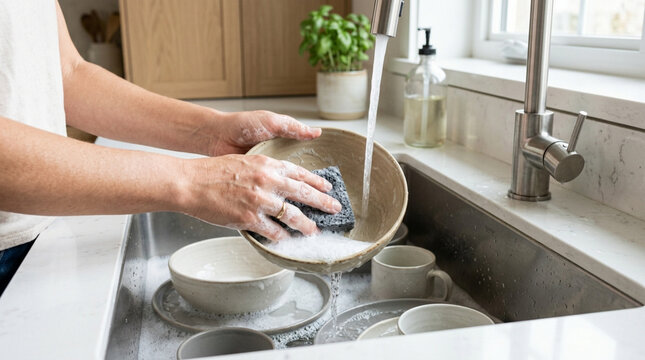 Hand washing bowl with sponge in kitchen sink, domestic chores, clean dishes