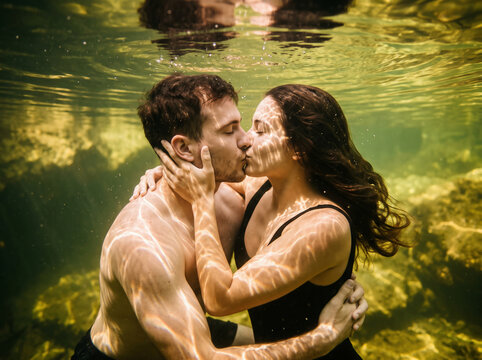 Generative AI underwater photograph of a romantic young couple embracing and kissing gently in crystal-clear turquoise water surrounded by a vibrant coral reef and tropical fish.