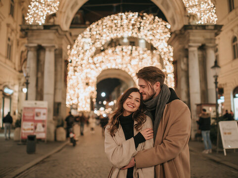 Loving couple in coats embracing romantically under a massive glowing arch of Christmas lights on a festive city street at night