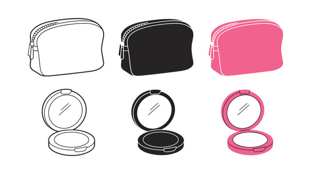 Cosmetic bag and makeup compact icon set, monochrome and coloured beauty accessories, makeup storage symbols, cosmetics and beauty vector collection.
