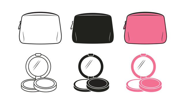Cosmetic bag and makeup compact icon set, monochrome and coloured beauty accessories, makeup storage symbols, cosmetics and beauty vector collection.