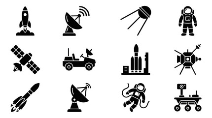 Collection of Space Exploration Icons Featuring Rockets Satellites Astronauts and Rovers. © huda