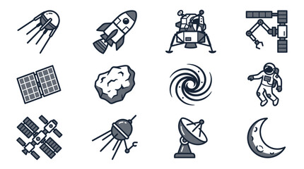 Collection of Space Exploration Icons Featuring Rockets, Satellites, Astronauts, and Celestial Bodies. © huda