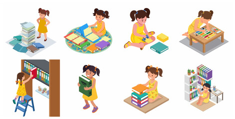 Fototapeta premium Isometric vector illustration set of a little girl organizing school folders and supplies for study and education