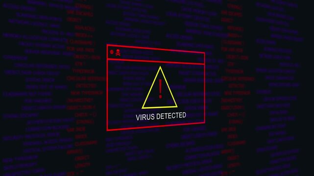 Cybersecurity alert warning featuring a critical virus detected system notification window over a dark background, with scrolling red, computer code and, digital programming error, log text data