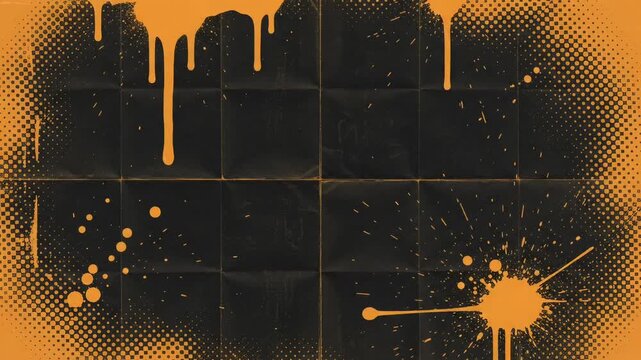 Abstract Black and Orange Urban Texture: Folded Paper with Paint Drips and Halftone Pattern