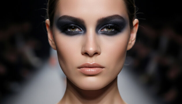 Fierce fashion model with intense dark smokey eyeshadow looking forward perfect for avant garde beauty concepts edgy cosmetics and bold makeup