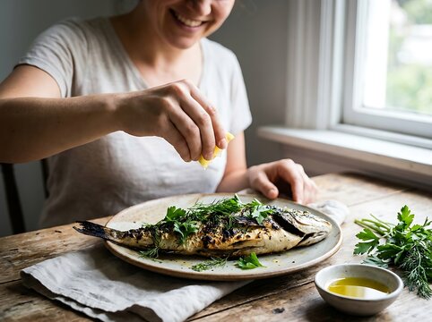Woman squeezing lemon over grilled whole fish on rustic dining table.