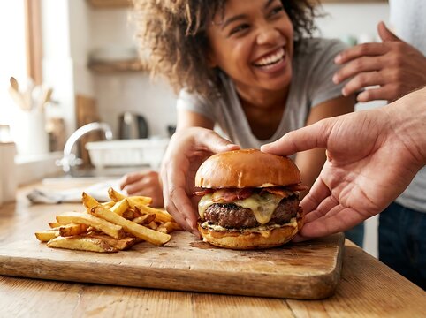 Gourmet beef burger with bacon and cheese served alongside crispy golden fries.