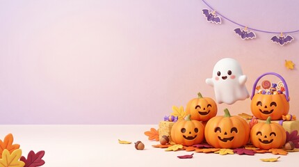 Fototapeta premium Cute halloween scene with floating ghost and carved pumpkins