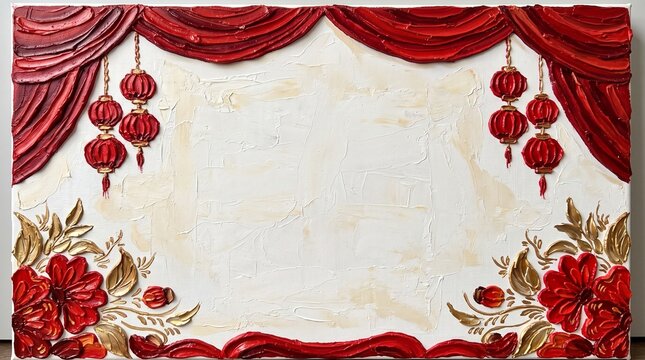 Elegant Red Curtain and Floral Frame Background with Copy Space