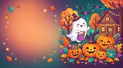 Fototapeta premium Cute halloween ghost and jack o lanterns in a spooky autumn night