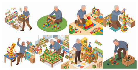 Fototapeta premium Isometric set of a senior man playing with colorful wooden building blocks in a nursery room, building towers and castles.