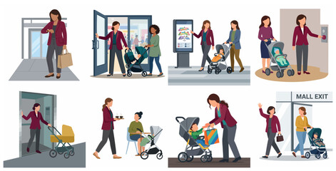 Fototapeta premium Set of flat vector illustrations of women and mothers with strollers navigating public spaces, mall shopping, and showing kindness through helpful actions in a modern urban environment.