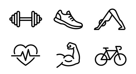 Fototapeta premium Fitness Icons Set: Dumbbell, Running Shoe, Yoga Pose, Heartbeat, Bicep, Bicycle Vector Graphics