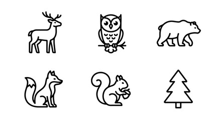 Obraz premium Forest Animals Icons Set, Woodland Creatures Vector Graphics, Nature Wildlife Line Art Collection