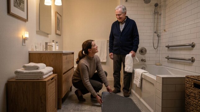 Grandfather and adult daughter preparing a safe bathroom routine together, showing aging in place, family support, home safety, dignity and practical care without fear at home.