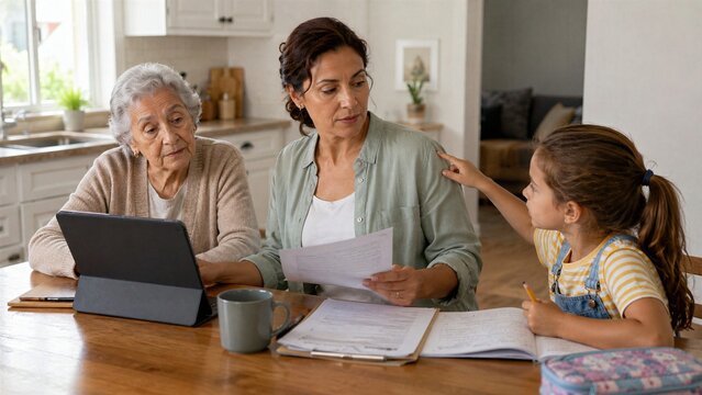 Adult daughter helping an older parent during an online medical appointment while monitoring a child nearby, showing digital caregiving and divided attention at home.