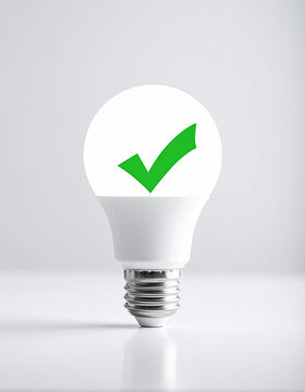 White light bulb with green check, blurred white background. Approval, innovation and successful decision making concept. Close-up.