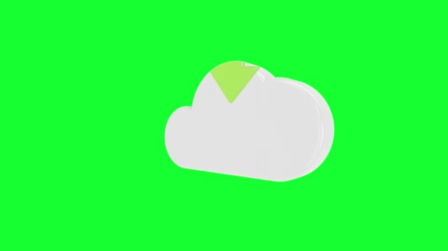 White 3d cloud icon with green download arrow rotating and spinning on green screen background