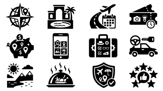 Travel planning and vacation service icons in black silhouette with vacation calendar suitcase mountains landscape insurance feedback silhouette adventure