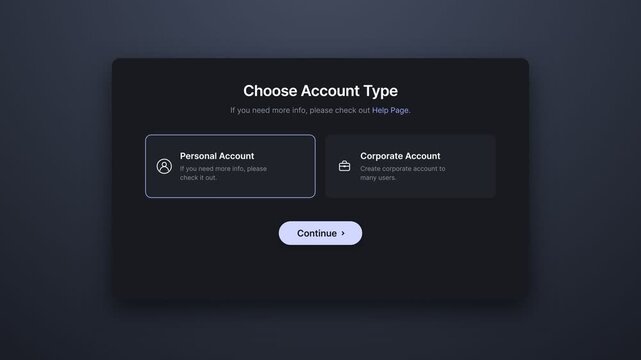 Account type selection interface screen layout on dark digital dashboard interface