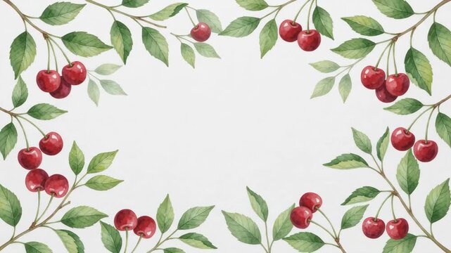Watercolor cherry branches with green leaves and red berries forming a decorative border on a white background, perfect for invitations or greeting cards.