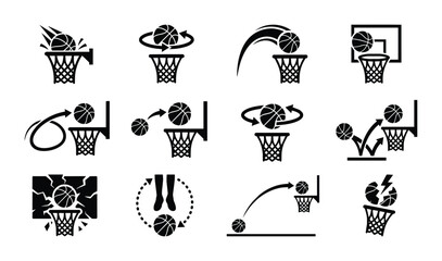 Basketball Action Icons: Dynamic Shots, Swishes, and Dunks Vector Set © Sornaapu88