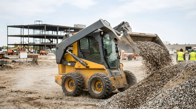 Skid steer loader dumping gravel at construction site on transparent background