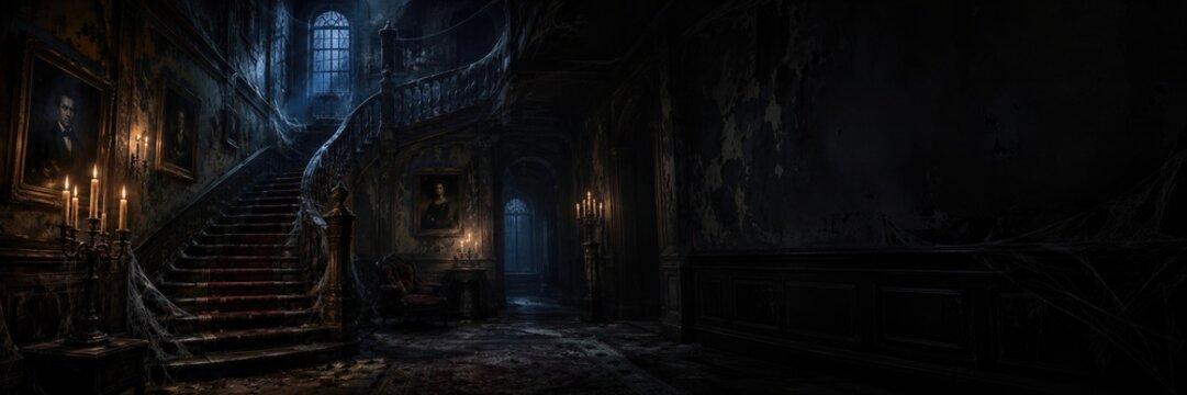 Dark abandoned mansion interior with old staircase, cobwebs and burning candles. Spooky haunted house hallway at night. Banner with copy space