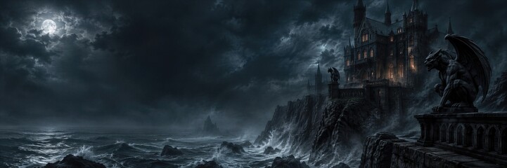 Fototapeta premium Spooky gothic castle on cliff over stormy sea with gargoyle statue under full moon. Haunted mansion in dark night with clouds. Banner with copy space