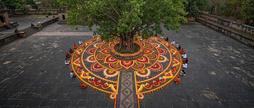 Devotees worshiping around a sacred tree decorated with colorful flower mandalas