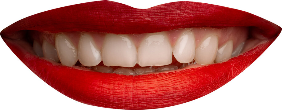 Bright red smile reveals clean white teeth on transparent background. Concept of lipstick, dental care, cosmetics and beauty ads.