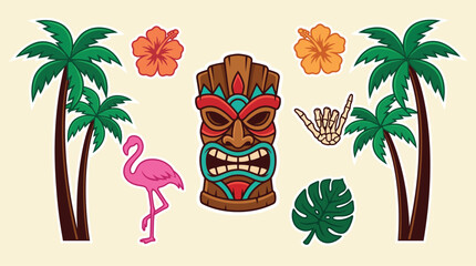 Tiki mask and tropical summer elements vector set, Hawaiian luau party icons with palm trees and flamingo, Polynesian tribal culture illustrations © Taimoor