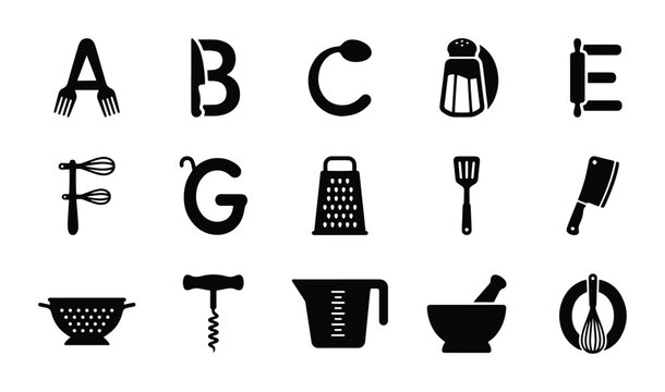 Kitchen Utensil Alphabet Icons, Culinary Letter Set, Cooking Tools A-E, F-J, K-O