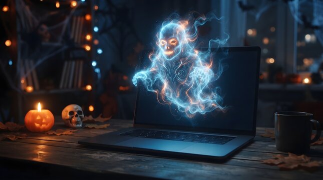 Halloween Ghostly AI Chatbot Avatar Floating Above Blank Laptop Screen