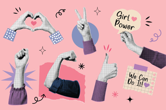 Hands Showing Heart, Fist and Flexed Bicep with Girl Power We Can Do It Typography. Halftone Pop Art Collage for Feminism and Female Empowerment Concept on Pink Background