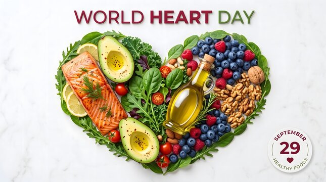 World Heart Day concept with healthy food in heart shape. Salmon, avocado, and berries for cardiovascular health. September 29 nutrition banner.