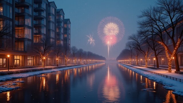 Photorealistic modern European city skyline during New Years Eve, distant fireworks reflected in glass buildings