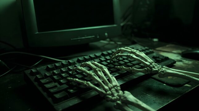 Skeleton Hands Typing on Keyboard with Green Cybersecurity Terminal Glow
