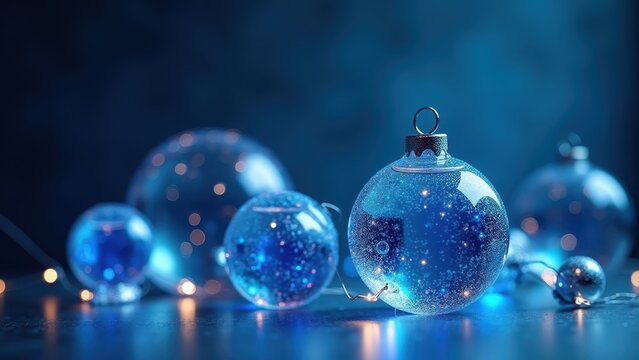 Photorealistic futuristic Christmas still life, transparent glass ornaments, subtle LED lights, brushed metal surfaces, deep cobalt blue and silver palette