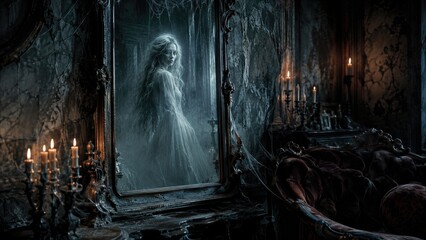 Obraz premium Ghost woman in old vintage mirror in dark abandoned mansion room with burning candles and cobwebs. Haunted house interior with mysterious spirit.