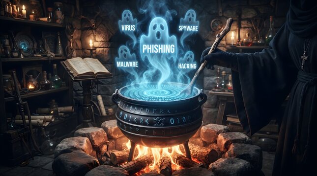 Halloween Witch Cauldron Bubbling with Binary Code and Cybersecurity Threats
