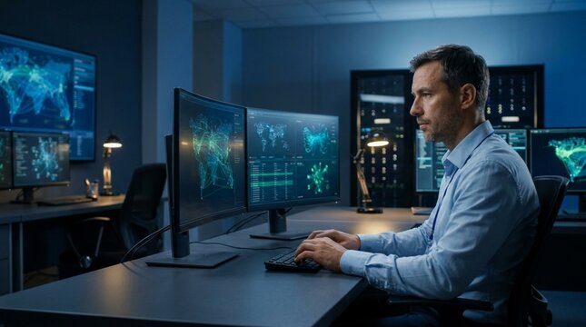 Dedicated Cybersecurity Analyst Monitoring Global Network Infrastructure And Security Threat Data In Advanced High Tech Command Center