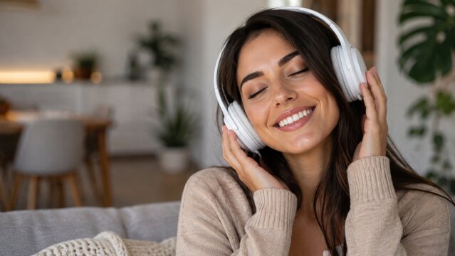 Happy Young Woman Relaxing at Home and Listening to Music with Wireless Headphones