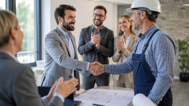 Business Executive Shaking Hands with Construction Worker After Successful Project Agreement