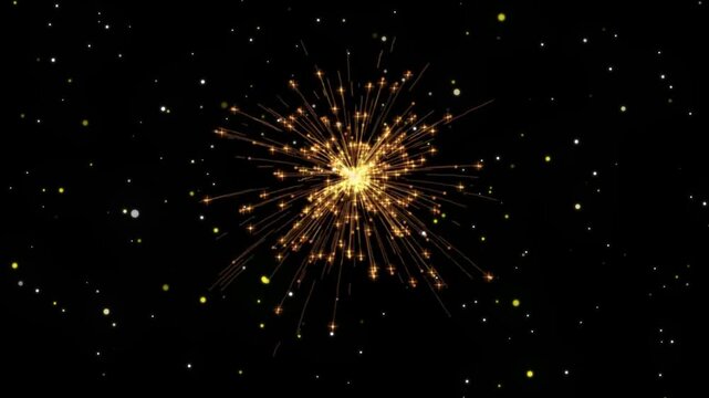 Golden sparkle explosions over dark night background for festive celebrations and digital motion graphics featuring glowing particle effects in wide view with starburst